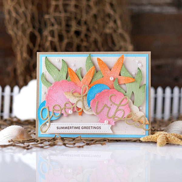 Colorful card with 'Summertime Greetings' text on a decorative background with shells and starfish.