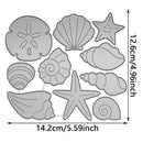 Set of metal cutting dies with seashell and starfish designs, shown with dimensions on a white background.