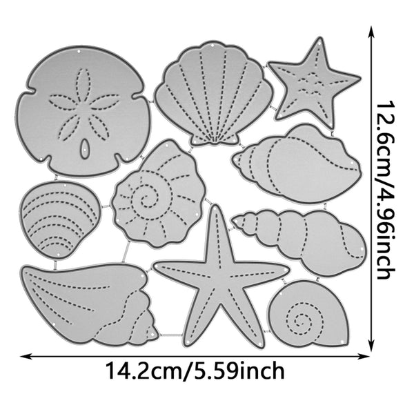 Set of metal cutting dies with seashell and starfish designs, shown with dimensions on a white background.