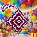 Decorative wall hanging with children celebrating a birthday party in the background.