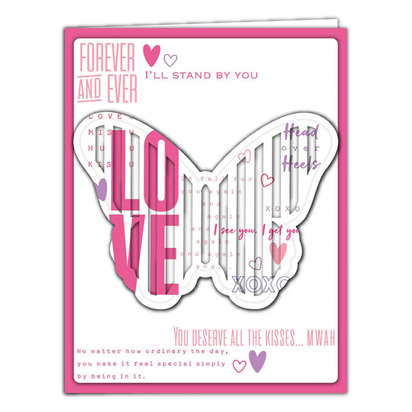 Greeting card with butterfly design and romantic text on a white background