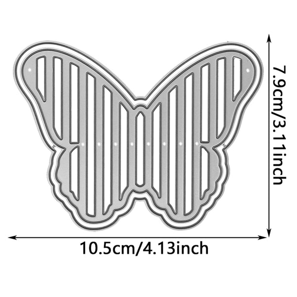 Butterfly-shaped metal cutting die with dimensions on a white background