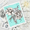 Card with floral design and 'Sending you all my love' text on a light blue background, surrounded by flowers and stamps.