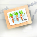 Handmade Easter card with carrots and 'Happy Easter!' text on a white background