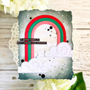 Card with a rainbow and cloud design, featuring text 'It never hurts to keep looking for sunshine', on a floral background.