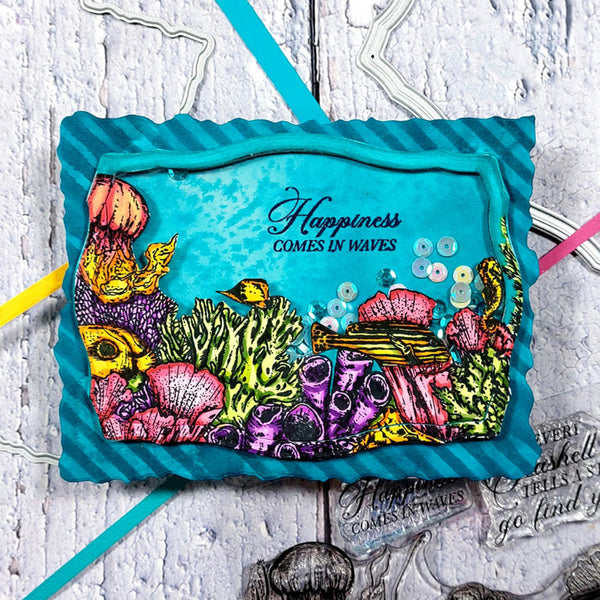 Colorful coral reef design with text on a textured surface