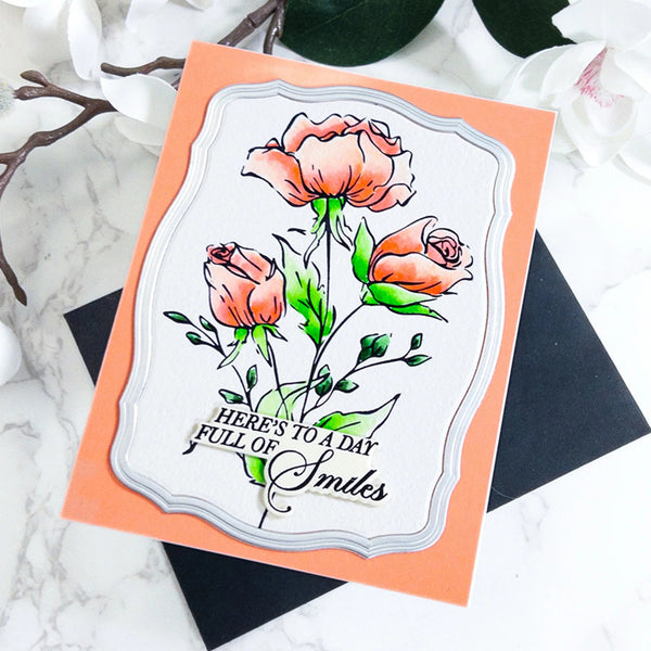 Greeting card with floral design and text on a marble surface