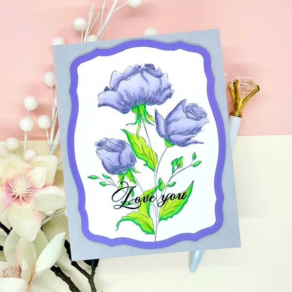 Greeting card with purple roses and 'Love you' text on a pink background