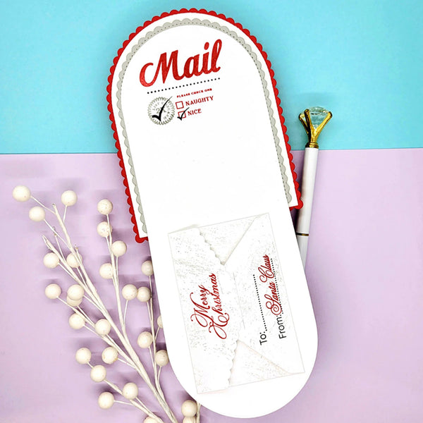 Letter with 'Mail' and 'Naughty or Nice' text on a blue and pink background with decorative elements.