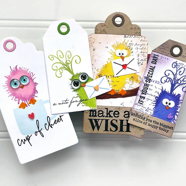 Collection of colorful gift tags with various designs on a white background