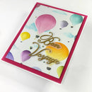 Greeting card with colorful hot air balloons and 'Bon Voyage' text on a white background