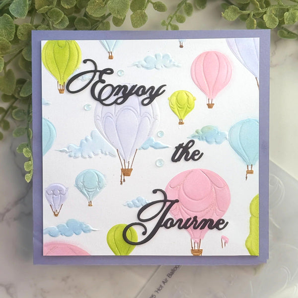 Card with colorful hot air balloons and 'Enjoy the Journey' text on a white background.