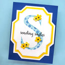 Card with a blue and yellow design featuring flowers and text on a blue background