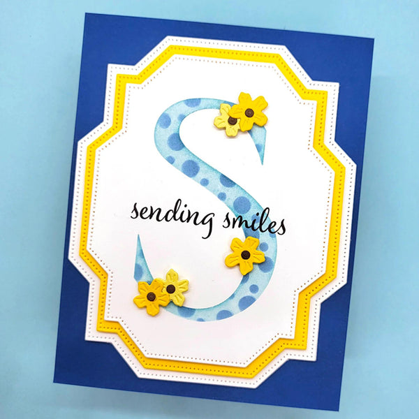 Card with a blue and yellow design featuring flowers and text on a blue background