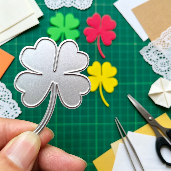 Hand holding a metallic four-leaf clover charm with colorful paper clovers and crafting tools on a green cutting mat.