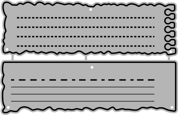 Two metallic nameplates with scalloped edges and dotted lines on a white background