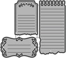 Set of three decorative metal tags with lined and blank spaces on a white background