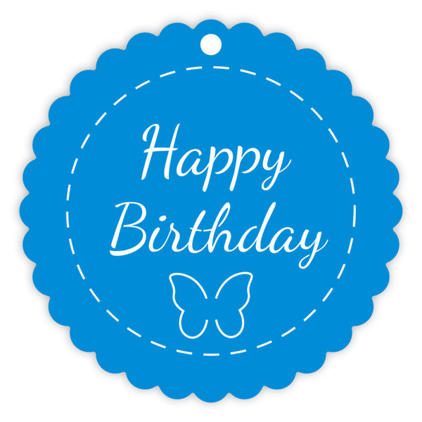Blue circular tag with 'Happy Birthday' text and a butterfly illustration on a white background