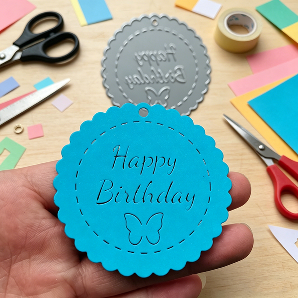 Hand holding a blue 'Happy Birthday' tag with scissors and paper on a wooden surface