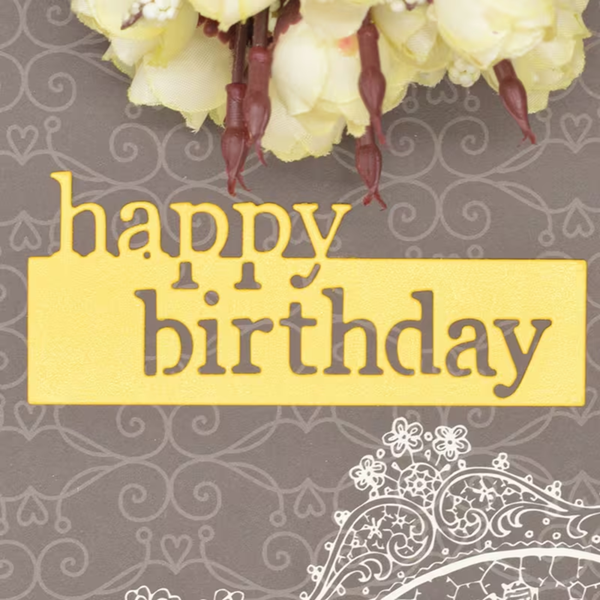Happy Birthday card with flowers and decorative text on a gray background
