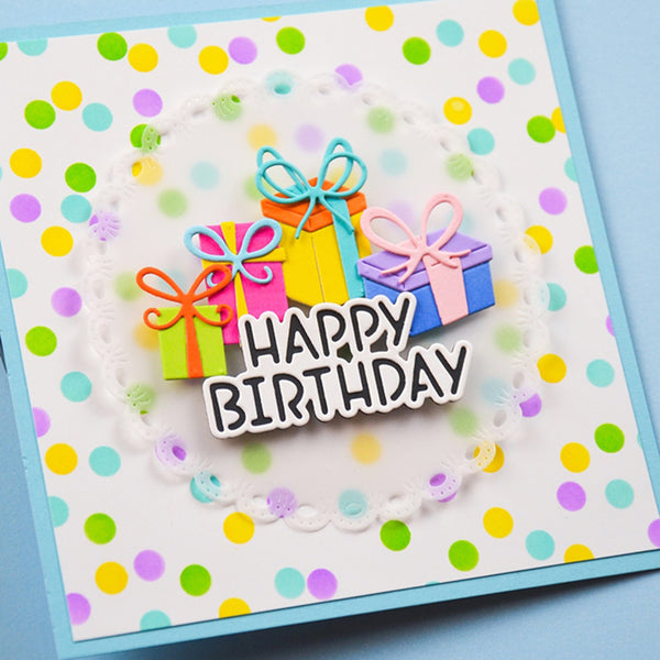 Colorful birthday card with polka dot background and gift boxes.