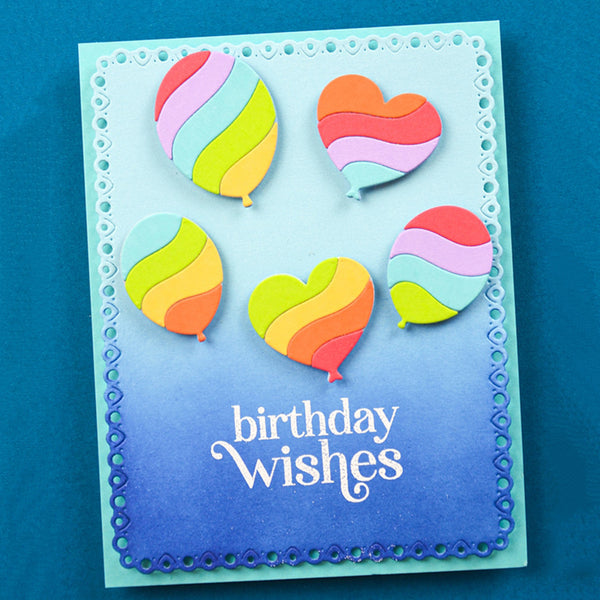Colorful birthday card with heart and balloon designs on a blue background