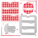 Red and white checkered pattern with heart shapes on a pink background, accompanied by a metal cutting die.