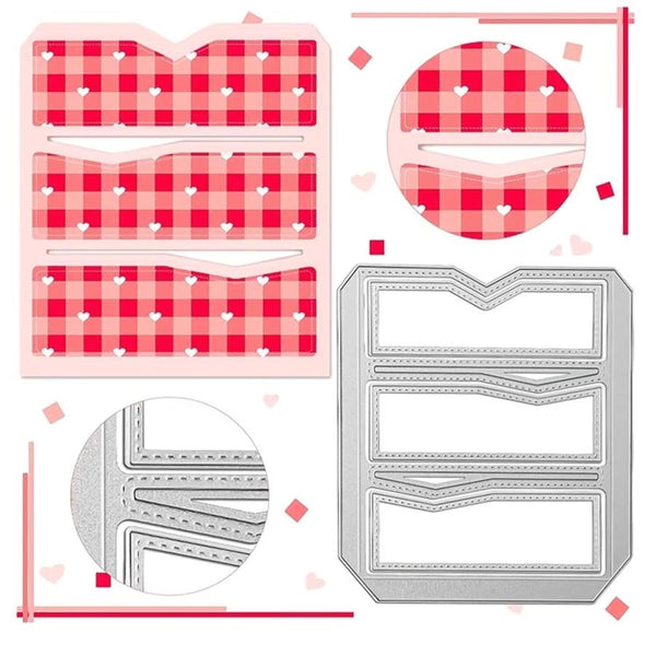 Red and white checkered pattern with heart shapes on a pink background, accompanied by a metal cutting die.