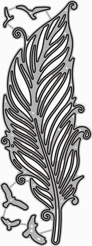 Decorative metal die cut shaped like a feather with intricate details on a white background