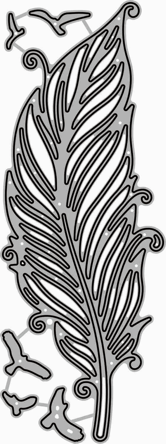 Decorative metal die cut shaped like a feather with intricate details on a white background