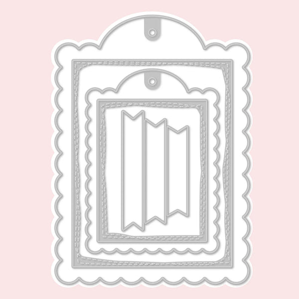 Decorative metal cutting die with a scalloped edge on a pink background