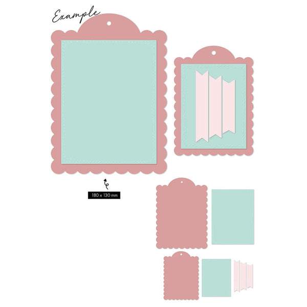 Set of decorative paper frames and tags with scalloped edges on a white background.