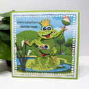 Card with two frogs, one wearing a crown, sitting on a lily pad with text 'even superheroes need to rest!'