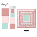 Set of square tiles in pink and mint green with decorative borders on a white background.