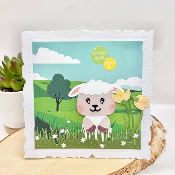 Card with a cartoon lamb on a grassy field design, featuring a plant and wooden slice in the background.