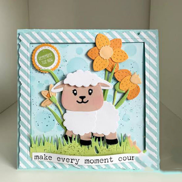Card with a cartoon sheep and flowers on a light blue background