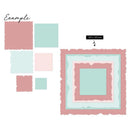Set of square cutouts with pink and green colors and a framed example on a white background.