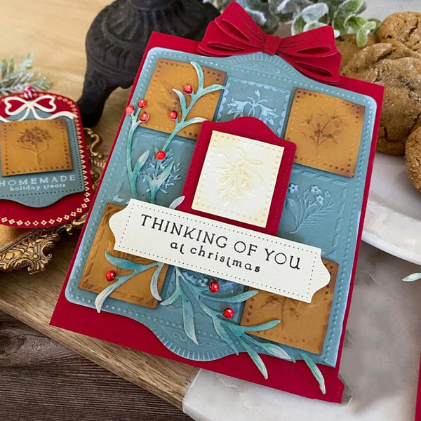 Christmas card with decorative elements on a wooden surface