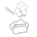 Metal die cut shapes of balloons, flowers, and a bow on a white background