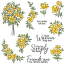 Yellow flowers with green leaves and motivational phrases on a white background
