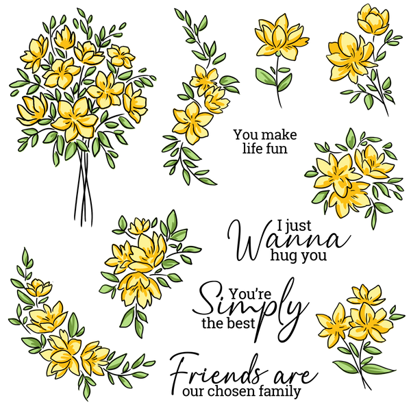 Yellow flowers with green leaves and motivational phrases on a white background