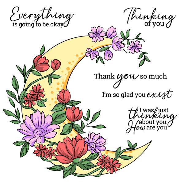 Floral crescent moon design with motivational phrases on a white background