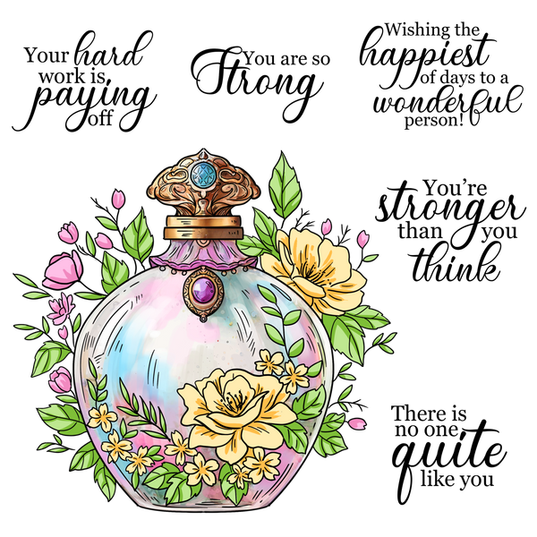 Decorative bottle with flowers and motivational quotes on a white background