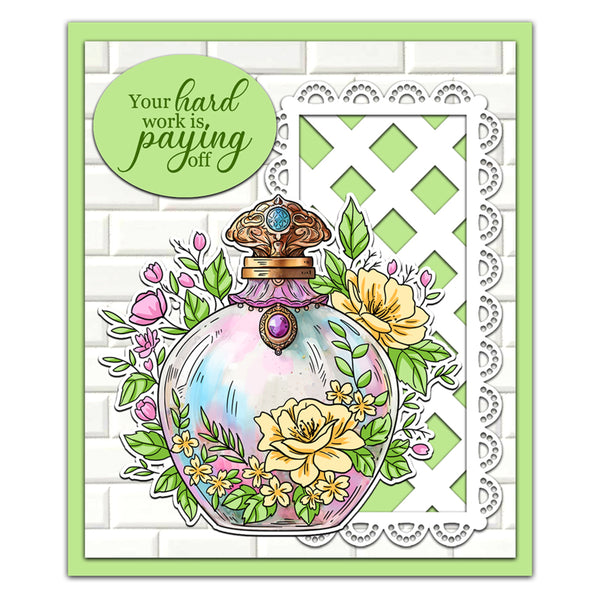 Decorative card with a floral potion bottle design and motivational text on a green and white checkered background.