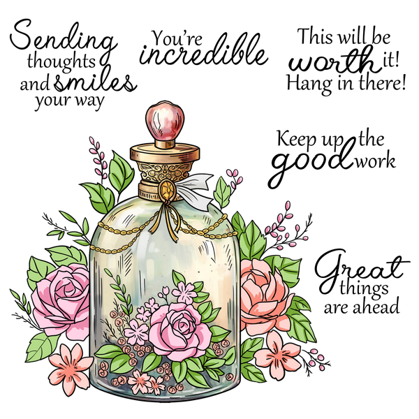 Decorative bottle with flowers and motivational phrases on a white background