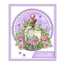 Card with a decorative bottle of flowers on a purple background