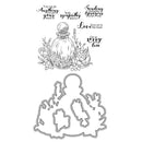 Decorative design with floral elements, text, and a bottle-like shape on a white background.
