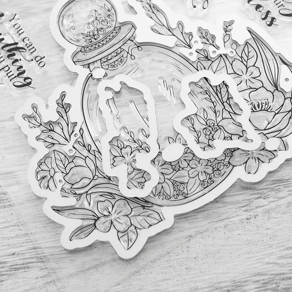 Decorative sticker with floral and nature-themed design on a textured surface