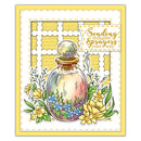 Card with a bottle of flowers and 'Sending thoughts and prayers your way' text on a yellow border.