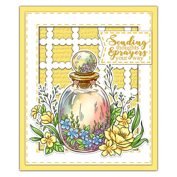 Card with a bottle of flowers and 'Sending thoughts and prayers your way' text on a yellow border.